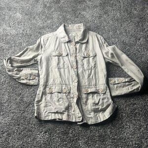 Lacoste Jacket Womens 42 Beige 100% Linen Utility Safari Button Front Pockets